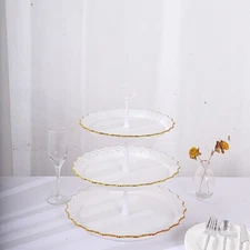 15" Metallic White Gold 3 Tier Plastic Cupcake Stand Round Tower Lace Cut Trim