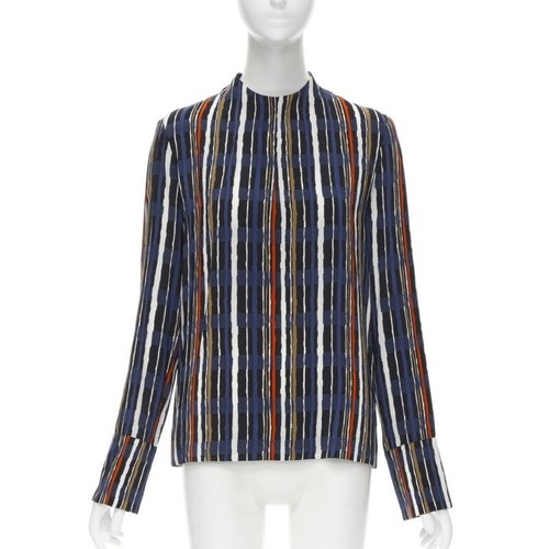 MARNI navy blue stripe print silk wide cuff collarless blouse top IT40 S