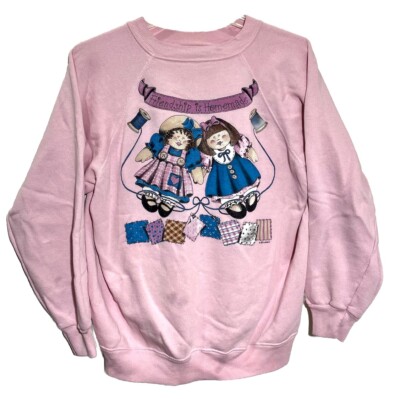 Vintage  Friendship Is Homemade  Dolls Craft Grandma Crewneck Sweatshirt Pink XL
