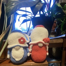 Handmade Small Crochet Stuffed Animals with Flowers, Red  Blue, Set of 2