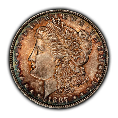 1887 $1 Morgan Silver Dollar - Rainbow Pattern Toning - BU - SKU-D6271