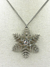 Textured Large Snowflake Cubic Zirconia Pendant Silver Tone Chain Necklace 34 In