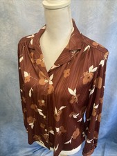 Vtg 70s Sears The Shirt Perma Prest Floral Top Brown Wood Grain Poly Collar 16