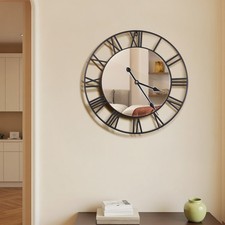 Large Mirrored Wall Clock Roman Numerals Indoor Big Round Open Face Living Room