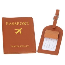 Set of Leather Passport Cover Holder and Luggage Tag, Brown