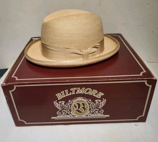 Vintage Biltmore Milan Straw Fedora Brown. Original Box 7 5/8. Estate Find.