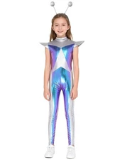 Kids Girls Jumpsuit Gym Set Dancewear Bodysuit Outer Space Costume Silver Fancy