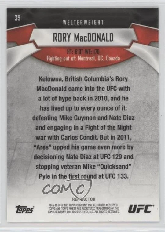 2012 Topps Finest UFC Refractor Rory MacDonald #39 - Image 2 of 2