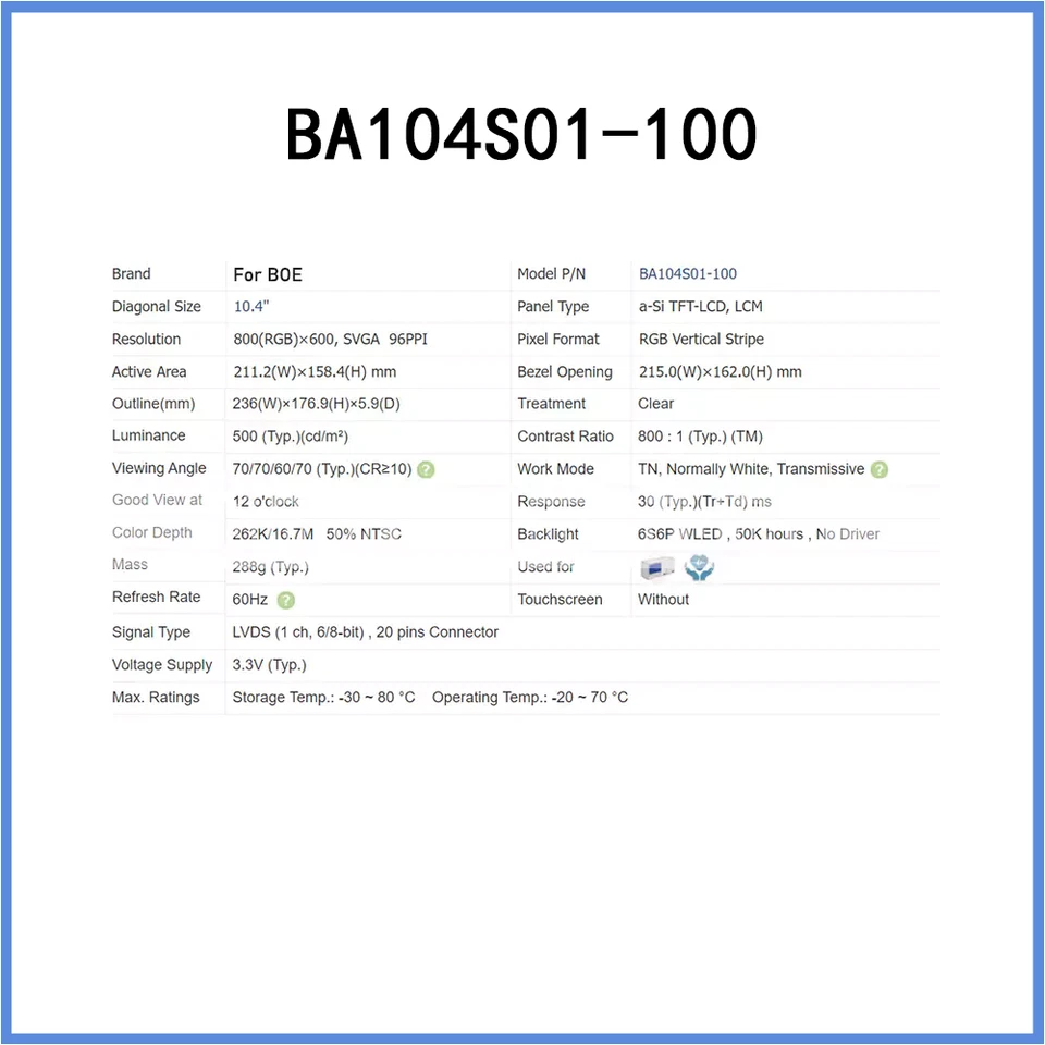 New boxed BA104S01-100 LCD Screen Display Panel 10.4-Inch 800*600 for BOE - Image 4 of 4