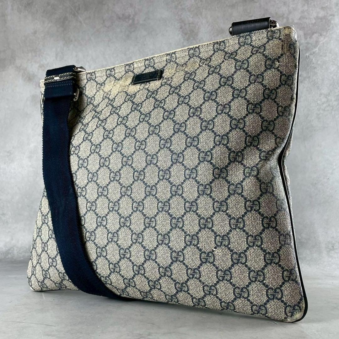 Vintage GUCCI Navy GG Supreme Shoulder Bag with Leather Tag A4 Compatible Japan