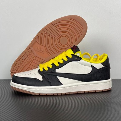 Travis Scott x Air Jordan 1 Low ''Black White Yellow'' Leather Men's Women's Sneak