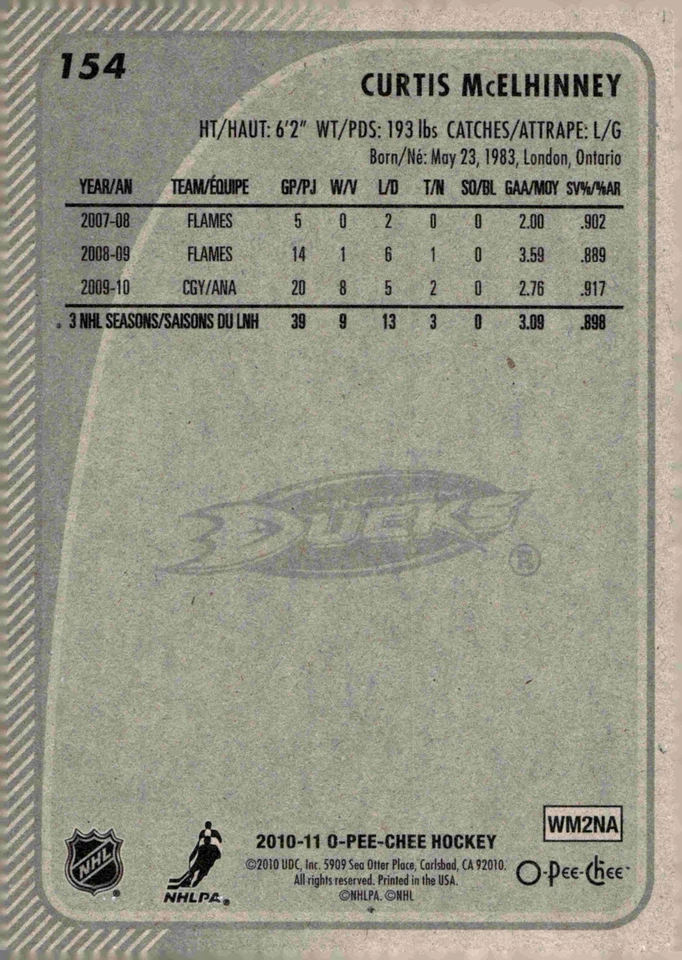 Curtis McElhinney - Signed 2010-11 O-Pee-Chee Card #154 - Image 2 of 2