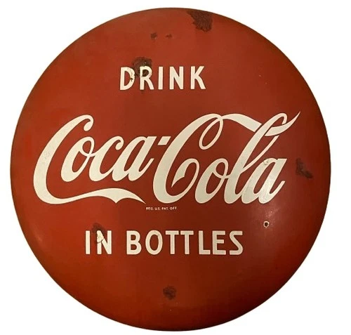 Vtg 1950s Coca-Cola 24" Porcelain Button Sign "Drink in Bottles" w/ Repair