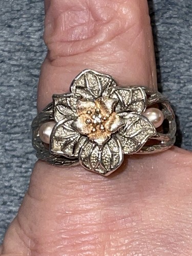 Vintage Sterling Silber & Gold Blumen Ring mit Diamant & Perlen Akzenten! 7,5 - Bild 16 von 16