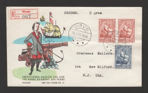 Denmark 1951 Naval Academy registered FDC to USA colorful cachet - ships