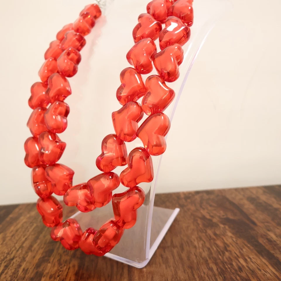 Red hearts jewelry set 2 necklaces Lucite beads romantic silvertone adjustable - Image 3 of 4