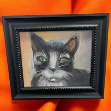 Original Painting Cat Tuxedo Kitty Unknown Artist Framed Home Decor Pet Art