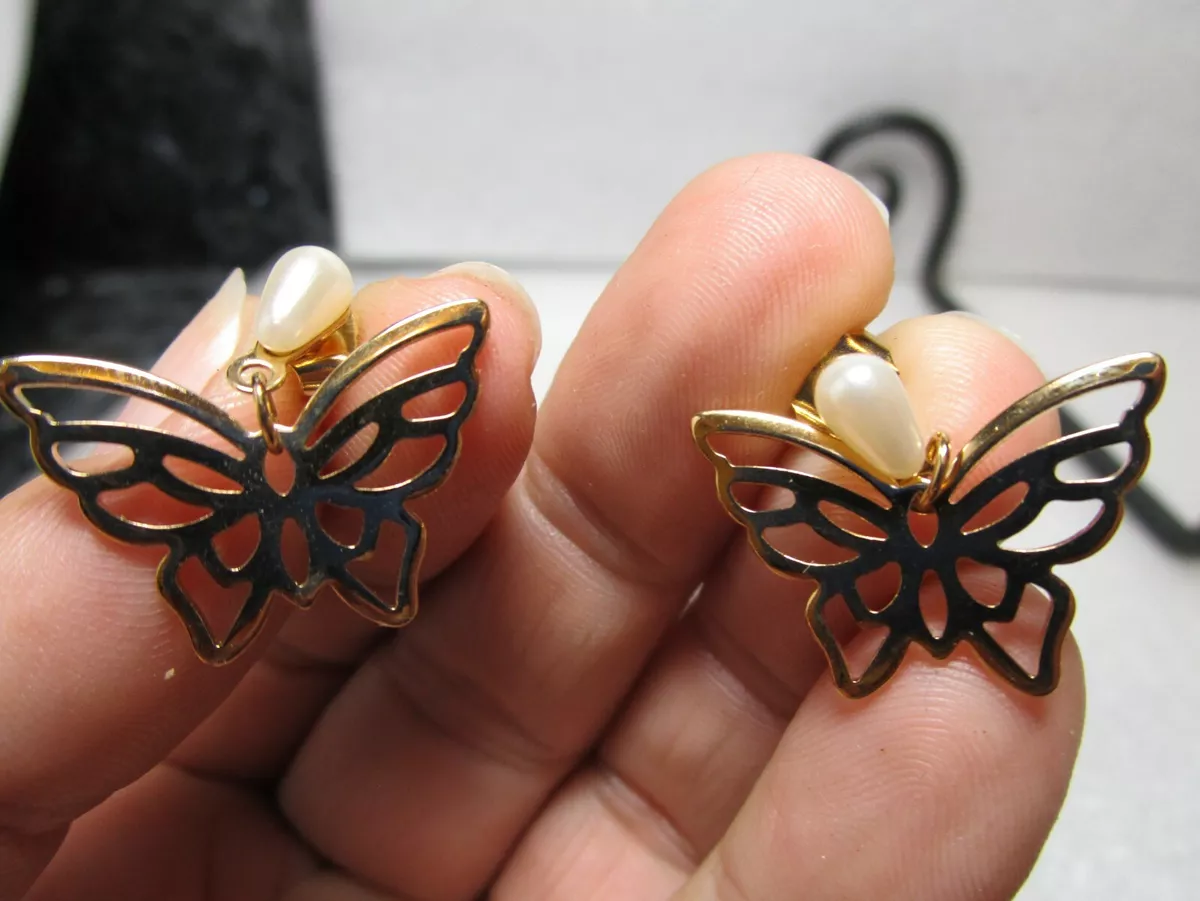 Vintage Avon Gold Butterfly Earrings Filigree Studs dangle with faux pearl