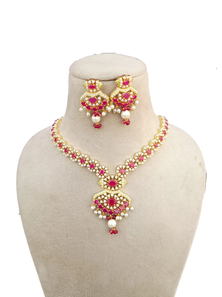 Collar de piedras preciosas de rubí y perlas, collar de piedras preciosas, regalos de joyería del sur de la India Foto 4 de 4