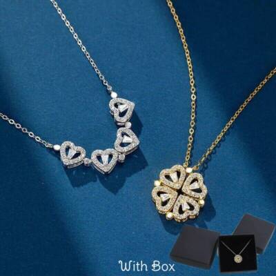 Vierblättrige Klee Halskette für Frauen Vintage magnetisch faltbar Herz Schmuck Geschenke