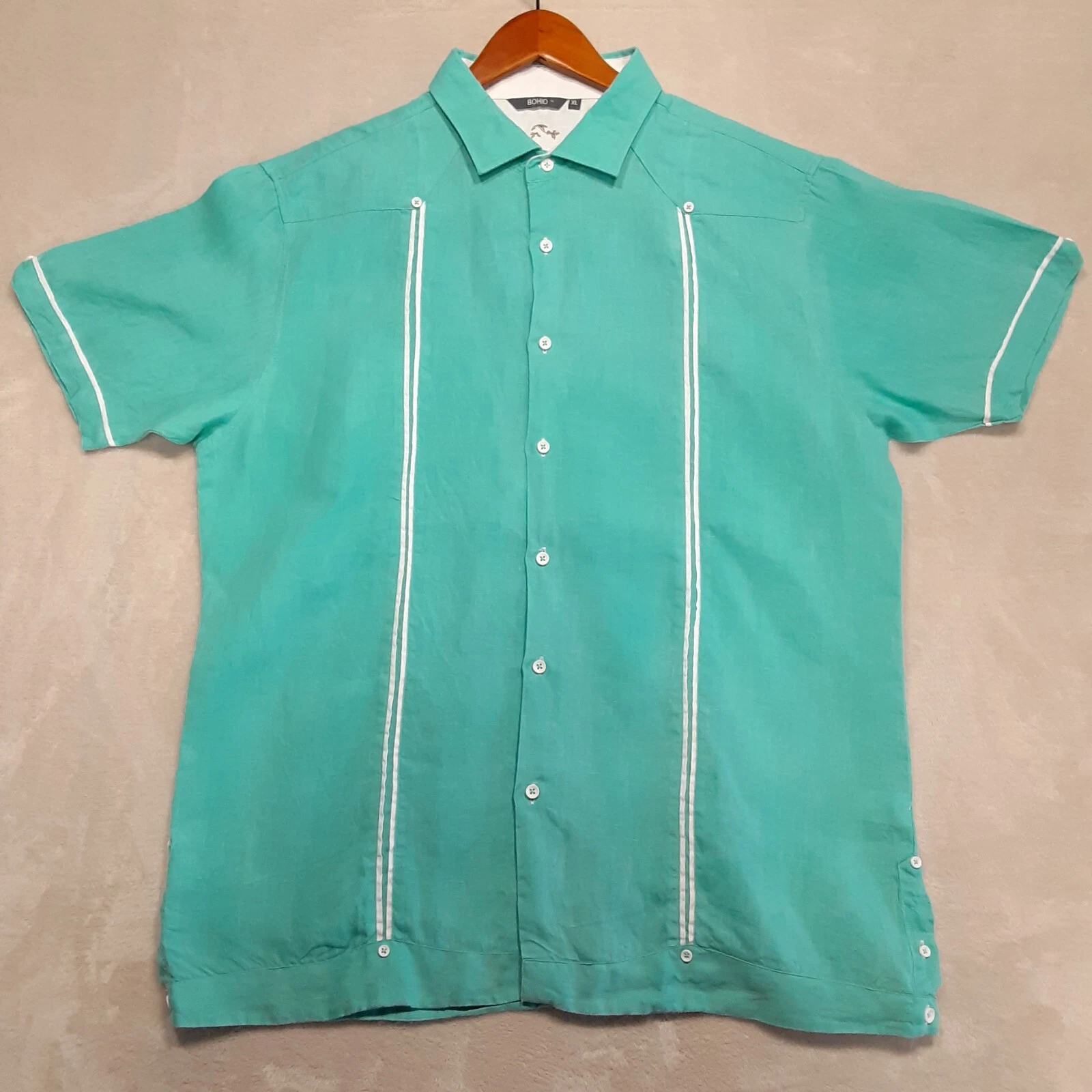 Bohio Mens Short Sleeve Button Shirt Sz.XL/Aqua Blue/Knitted Linen/Panel