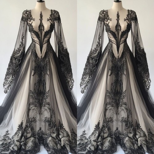 Gothic Black Wedding Dresses Long Sleeves Lace Applique Sweep Train ...