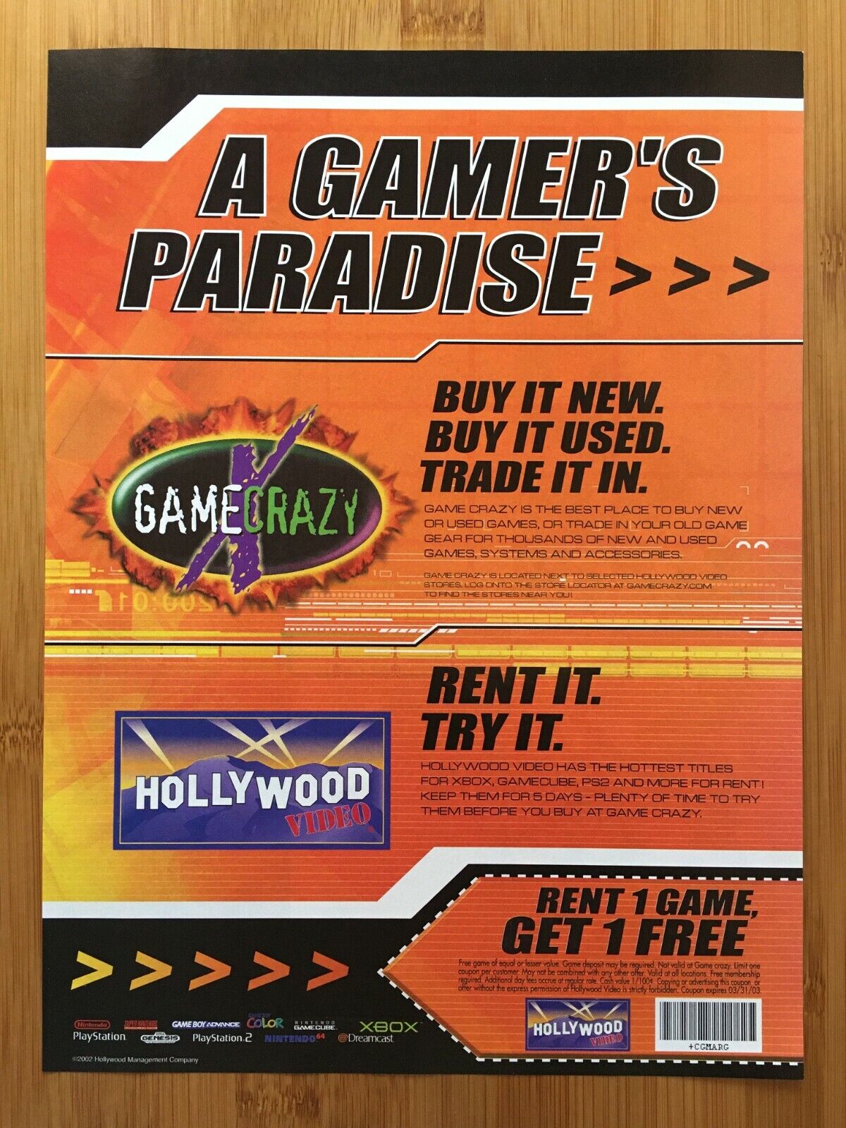 2002 GAME CRAZY / HOLLYWOOD VIDEO Vintage Print Ad/Poster Video Game  Rentals Art