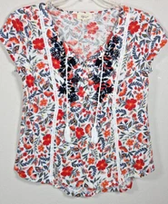 Style & Co Top Small Red Blue Split Tie Neck Blouse Boho Short Sleeve