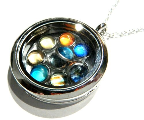 SOLAR SYSTEM LOCKET removable planets pluto space pendant science Necklace M2 - Picture 1 of 3