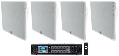 4) JBL SLP14/T-WH Low-Profile On Wall Mount White 4'' 70v Commercial Speakers+Amp