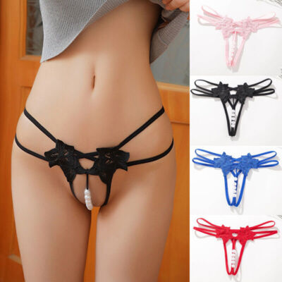Sexy Women Panties Pearl Lace Thong Lingerie G-string Crotchles Underwear USA
