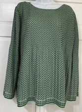 Max Studio Green Patterned Pleated Tunic Top Long Bell Sleeve Blouse Large
