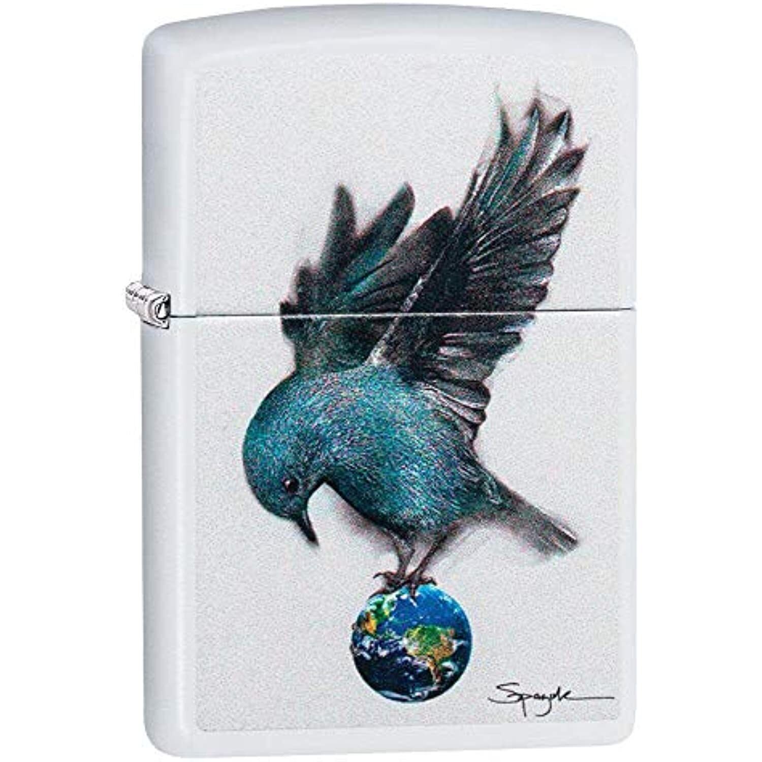Zippo Artist Steven Spazuk Bluebird Perched on Earth White Matte Lighter 49091. Available Now for 21.24