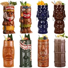 Tiki Mugs Set Of 8 - Cute Ceramic Hawaiian Style Cocktail Glasses 