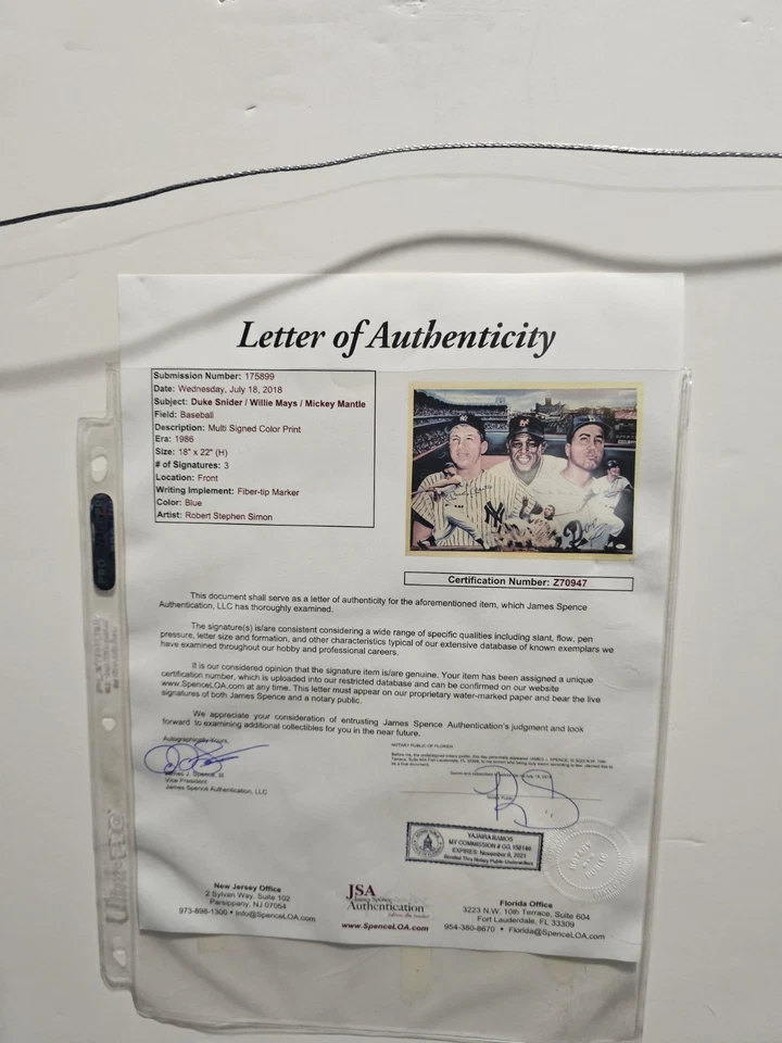 Mickie Mantle Willie Mays  Duke Snider Autographed Custom Art Frame  Print Jsa - Image 3 of 4