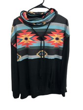 Southwestern Print Black Multicolor Pullover Hoodie Cowl Neck Design Sz Large