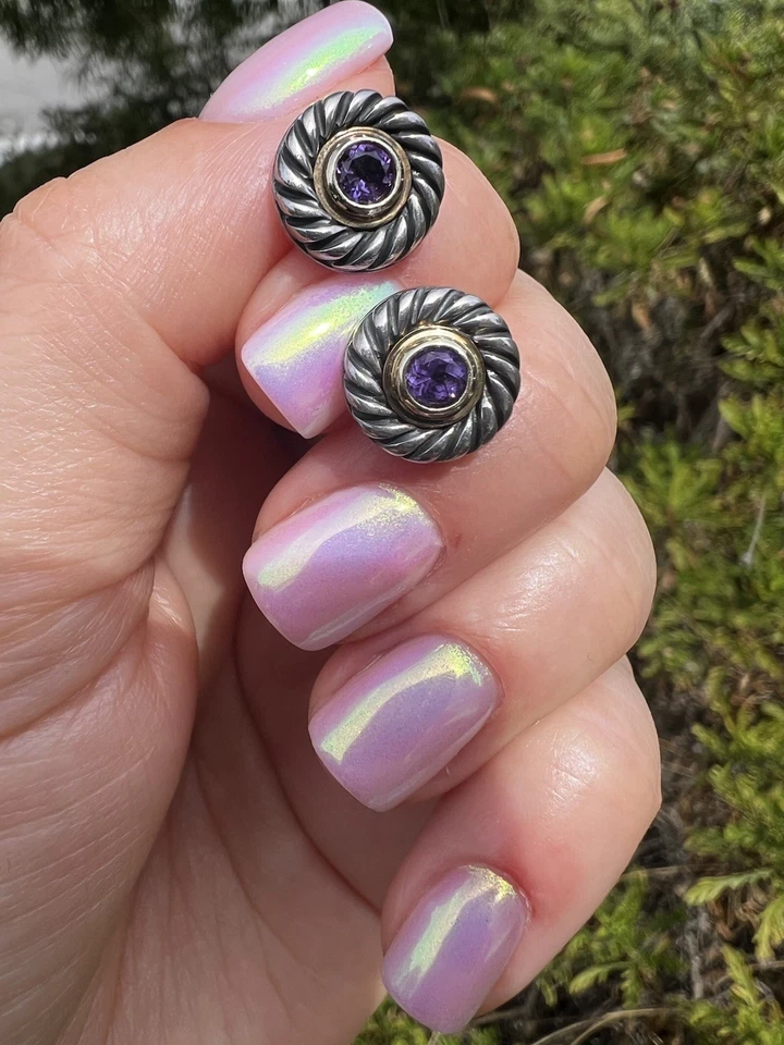 Aretes David Yurman plata de ley oro 14K amatista galleta Foto 3 de 4