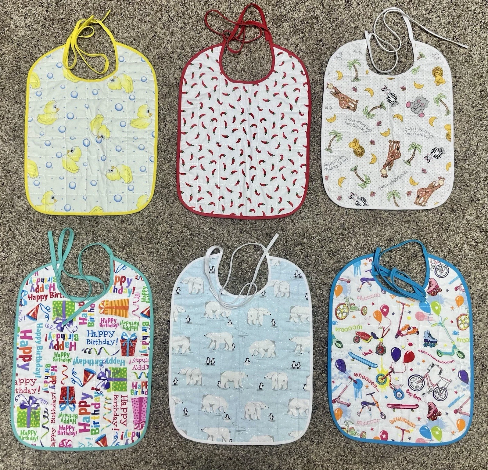 Lot Of 6 Quilted Handmade Bibs Assorted Large Size 12" X 9"