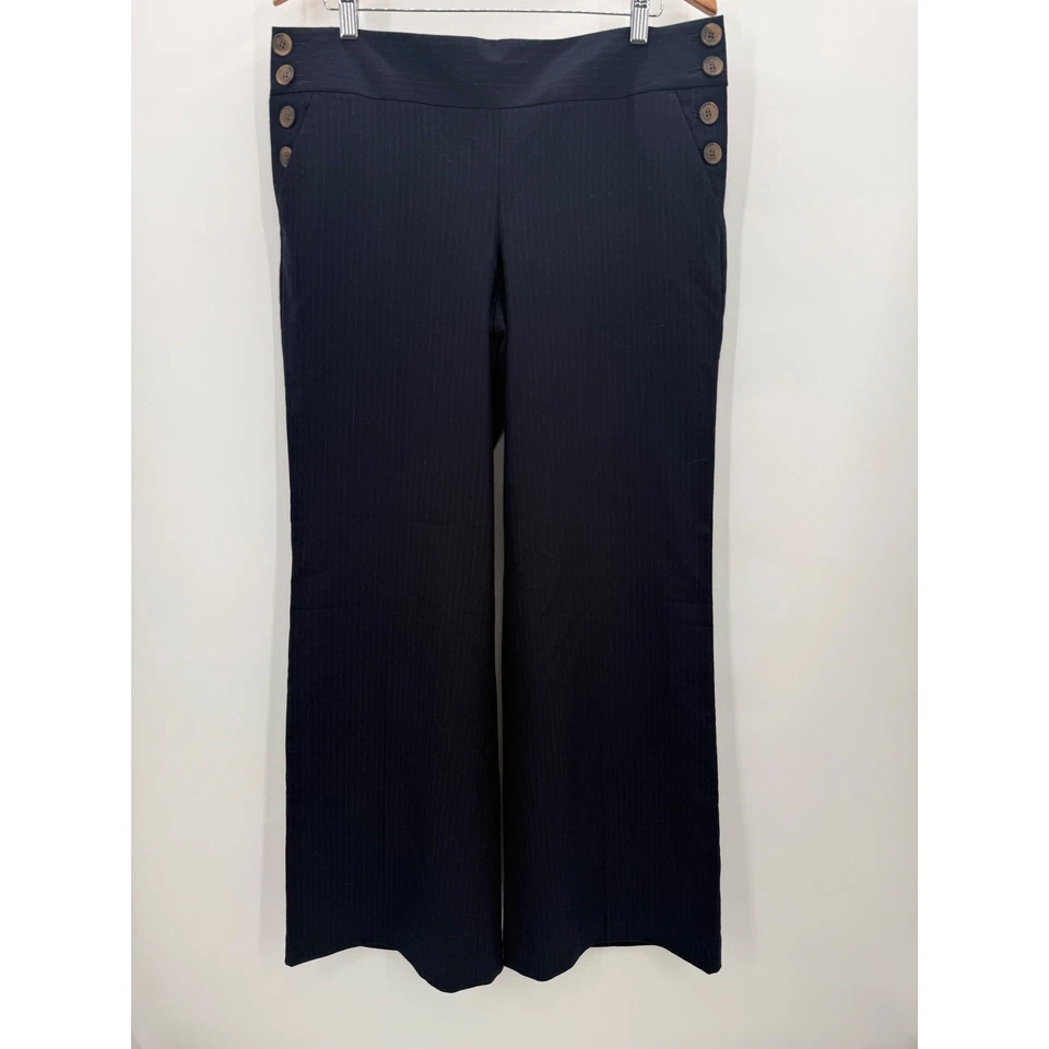 J.Crew Factory Women's Navy Pinstripe Wide Leg Sailor Button Pants Size 12 New - Image 2 of 4