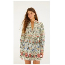 FARM Rio Stitched Garden Long Sleeve Cotton Blend Mini Shirtdress Size Medium