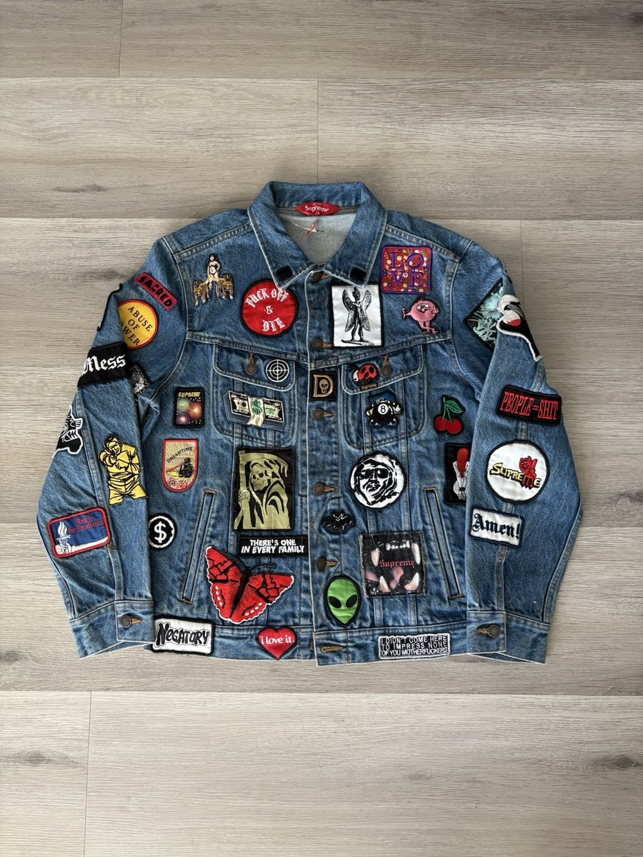 【052.52.34】希少 Supreme ☆Patches Denim BRAND NEW Supreme Patches Denim Trucker Jacket SS18 Small Blue