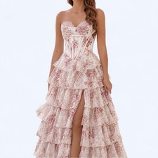 Womens US 8 Pink Floral Chiffon Strapless Ruffle Maxi Side Slit Prom Dress