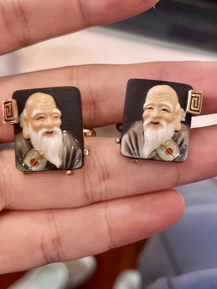 复古 Swank 袖扣 Toshikane 瓷器 Fukurokujo Fortune God 瓷砖 — 第 3/4 张图片