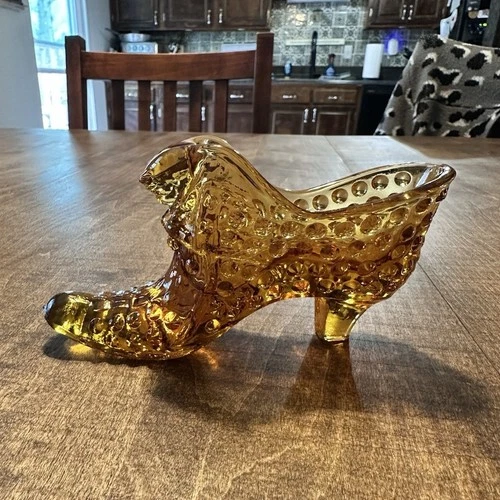 Fenton Amber Glass Shoe Glossy Decorative Figurine Art Glass