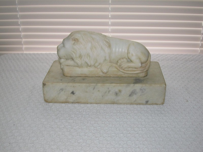 Antique Hand-Carved Marble Stone Sleeping or Vigilant Lion Italian Artist Canova
