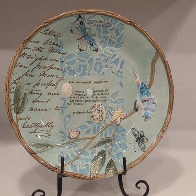 Hand Painted Ceramic Wall Plate Bluebird Butterfly Floral French Provence Decor