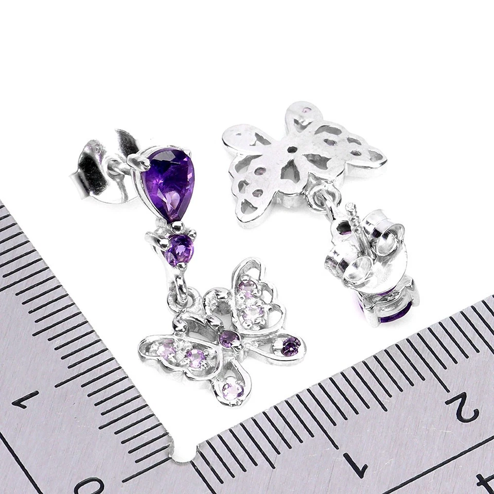 925 Pendientes de Plata Ley Pera Gema Amatista Mariposa N Eeuu Importación Tasas - Imagen 3 de 4