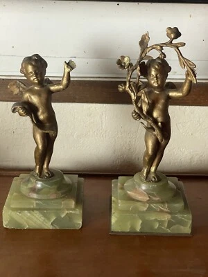 Paire De Statuettes Angelots Bronze Epoque Napoléon III Socles Onyx Vert - Photo 1/4
