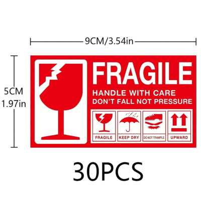 30x Fragile Sticker   Versandetiketten 9x5cm, wasserfest & stark klebend