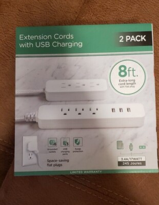 NEW  2 Pack Jasco Extension Cords With USB Charging 8ft CORD